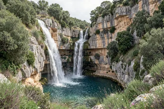 Cascade de la Vis vue de face avec ses eaux turquoise et ses falaises calcaires dans les gorges sauvages