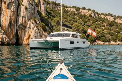 Catamaran ancré dans une crique turquoise en Corse avec falaises de granit et végétation méditerranéenne