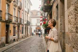 Rue pavée du centre historique de Saint-Sébastien avec ses façades colorées et ses balcons fleuris typiques du Pays basque espagnol