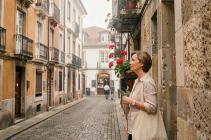 Rue pavée du centre historique de Saint-Sébastien avec ses façades colorées et ses balcons fleuris typiques du Pays basque espagnol