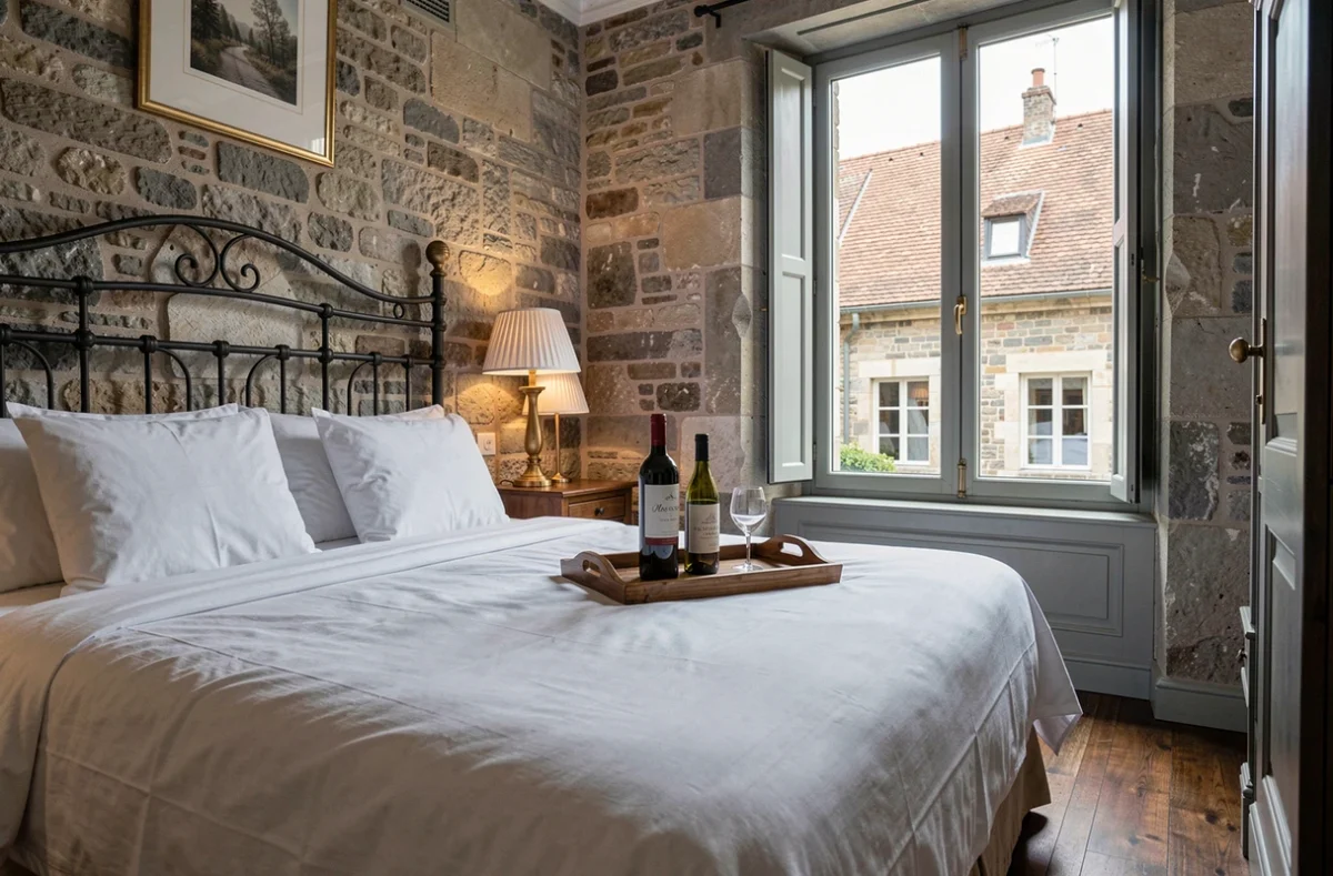 Chambre d'hôtel de charme au centre-ville de Dijon avec bouteille de vin de Bourgogne et vue sur cour intérieure