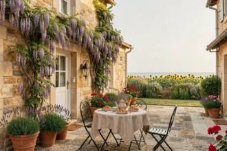 Vue d'ensemble d'une cour de chambre d'hôtes typique en Charente-Maritime, avec façade en pierre, table bistrot et végétation atlantique