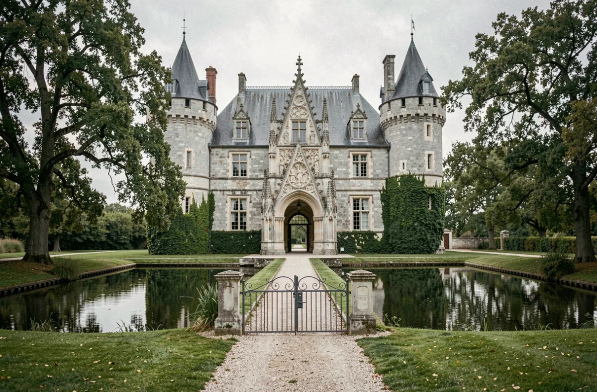 Façade du Château de Crazannes avec son portail gothique flamboyant, ses tours en ardoise et ses douves reflétant les chênes centenaires