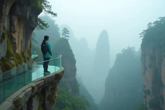 Voyageuse solitaire sur le chemin de verre de Tianmen Mountain à Zhangjiajie, entourée de brume et de falaises vertigineuses