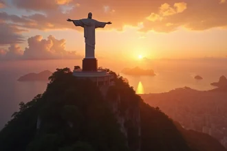 Le Christ Rédempteur au sommet du Corcovado au coucher de soleil avec panorama sur Rio de Janeiro et la baie de Guanabara