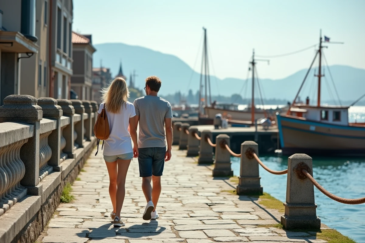 Couple de touristes se promenant sur le front de mer historique de Kingston en Jamaïque