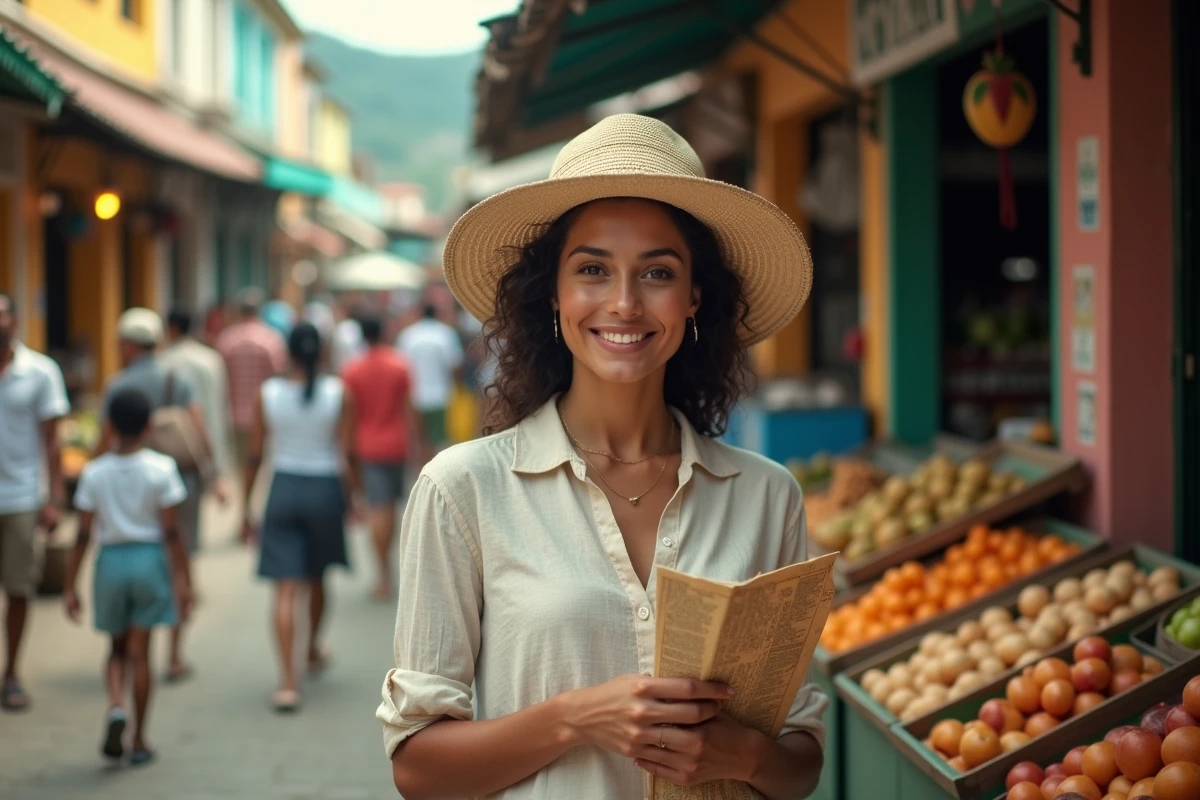 Voyageuse consultant une carte dans un marché animé de Kingston en Jamaïque lors d'un city trip