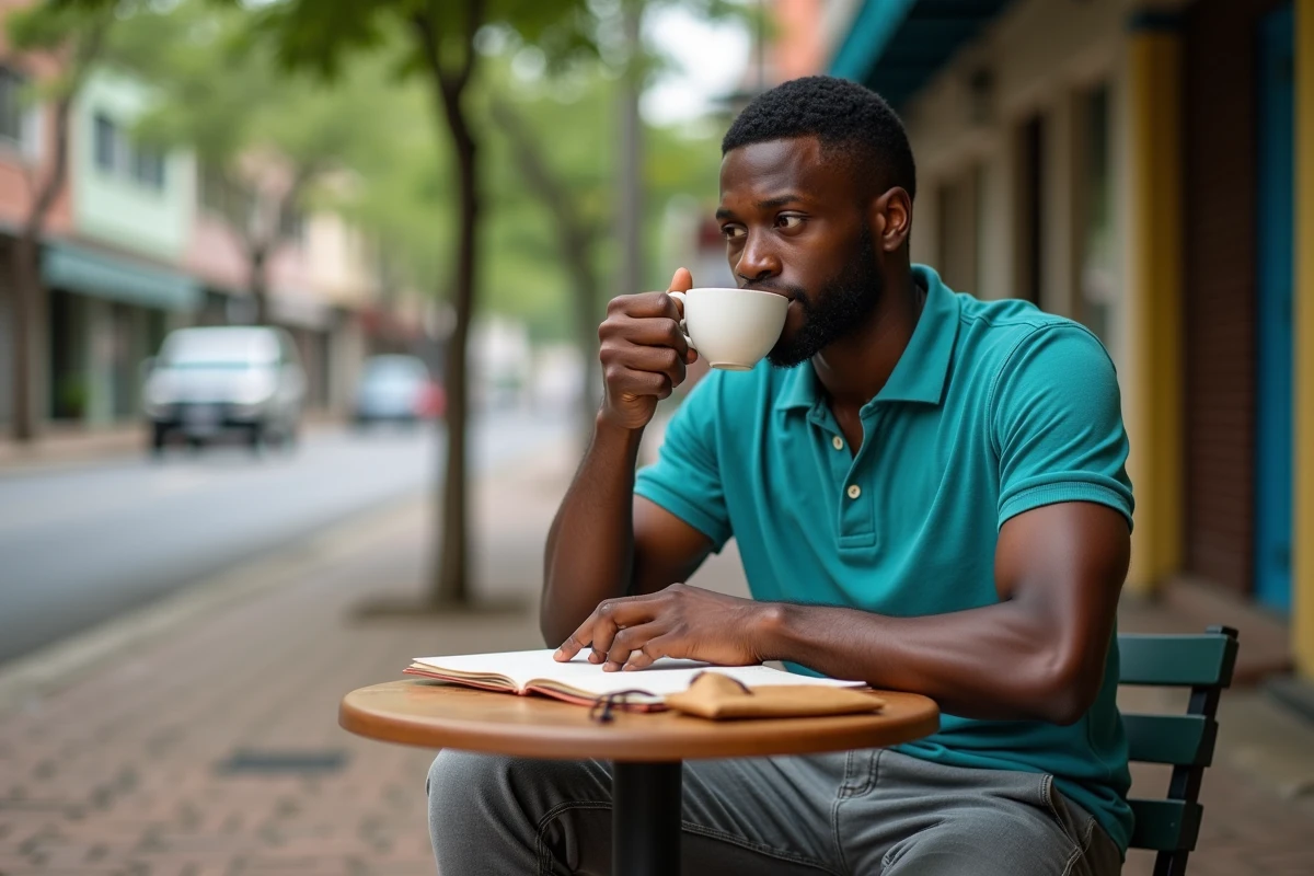 Touriste dégustant un café jamaïcain en terrasse dans le quartier de New Kingston lors d'un city trip