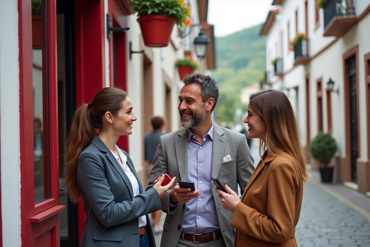 Commerçants locaux du Pays basque devant leur boutique traditionnelle utilisant leurs smartphones