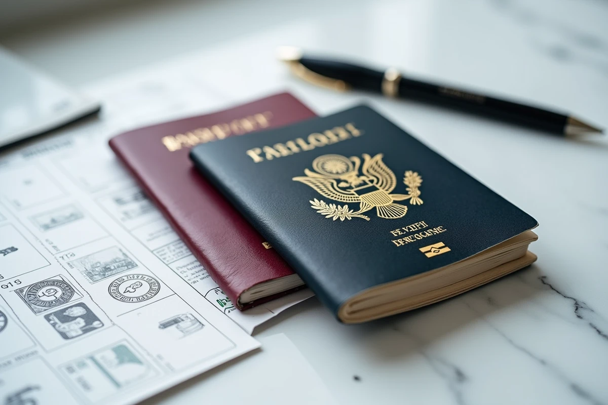 Comparaison entre un ancien passeport périmé et un nouveau passeport sur une surface en marbre blanc avec formulaire de renouvellement