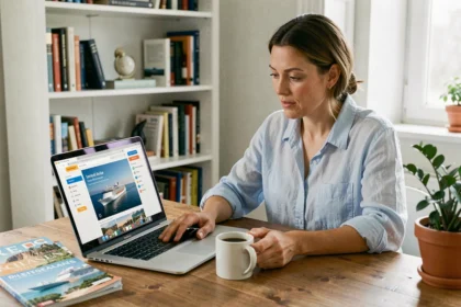 Femme comparant des offres de croisières sur un site web depuis son bureau à domicile