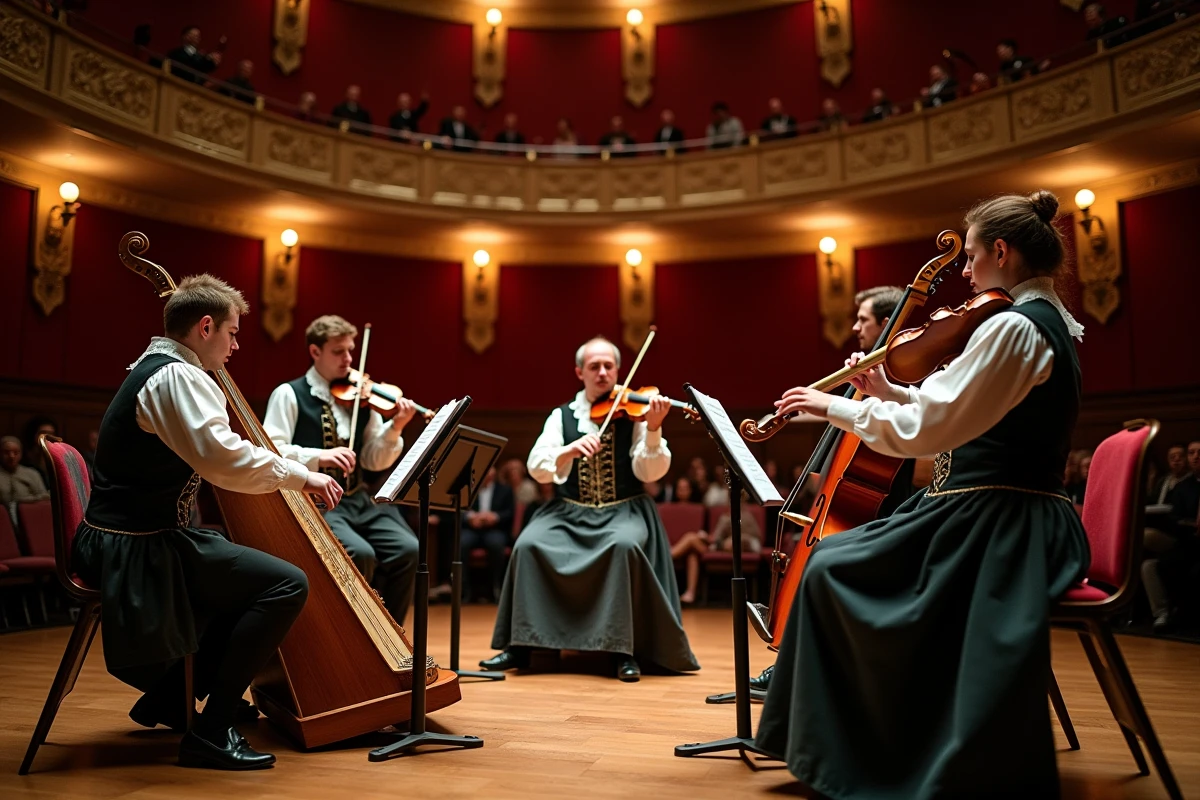 Ensemble de musique baroque sur scène dans une salle de concert ornée, musiciens en costumes du XVIIIe siècle jouant des instruments anciens devant un public