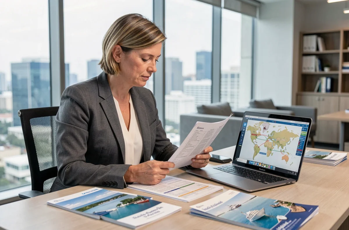 Conseillère en voyages planifiant un itinéraire de croisière tour du monde de 365 jours sur un bureau avec carte et documents