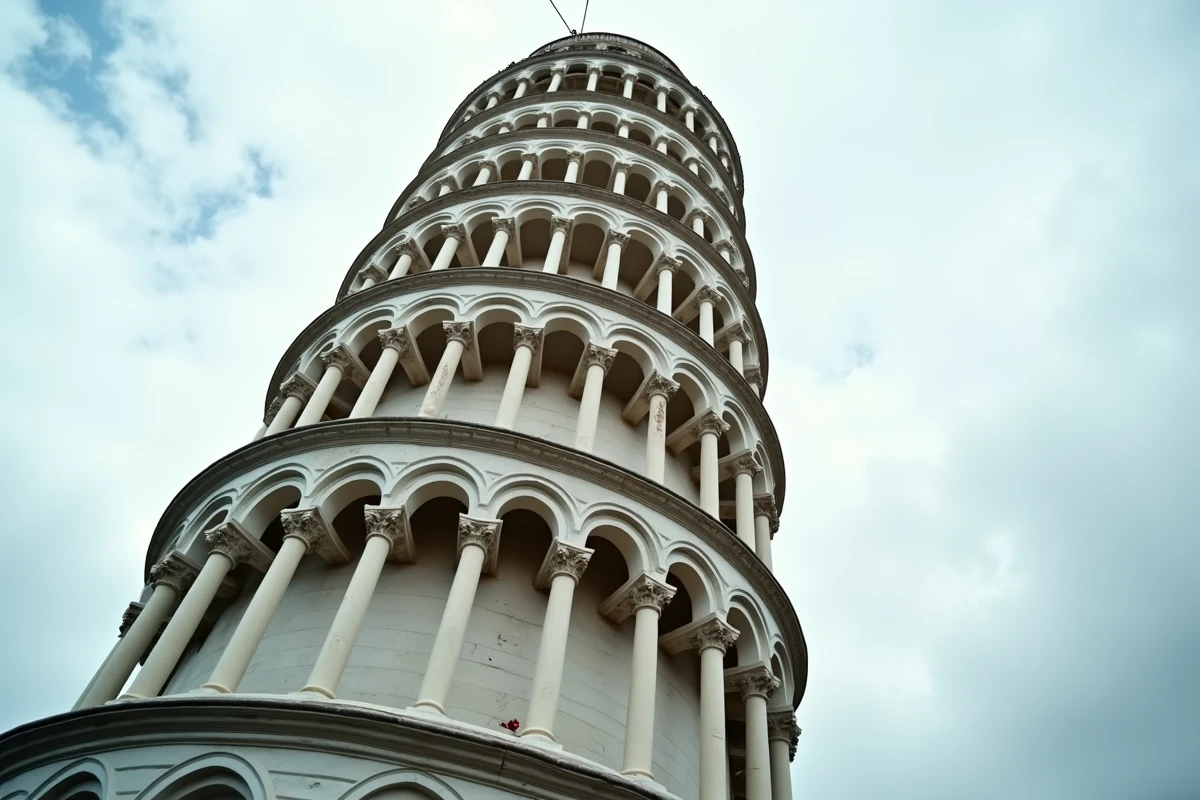 Vue en contre-plongée de la Tour de Pise montrant les colonnes romanes en marbre blanc et son inclinaison caractéristique