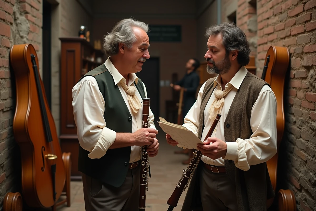 Coulisses d'un concert baroque, deux musiciens en costume partiellement dénoué discutant près de leurs instruments, atmosphère authentique et intimiste backstage