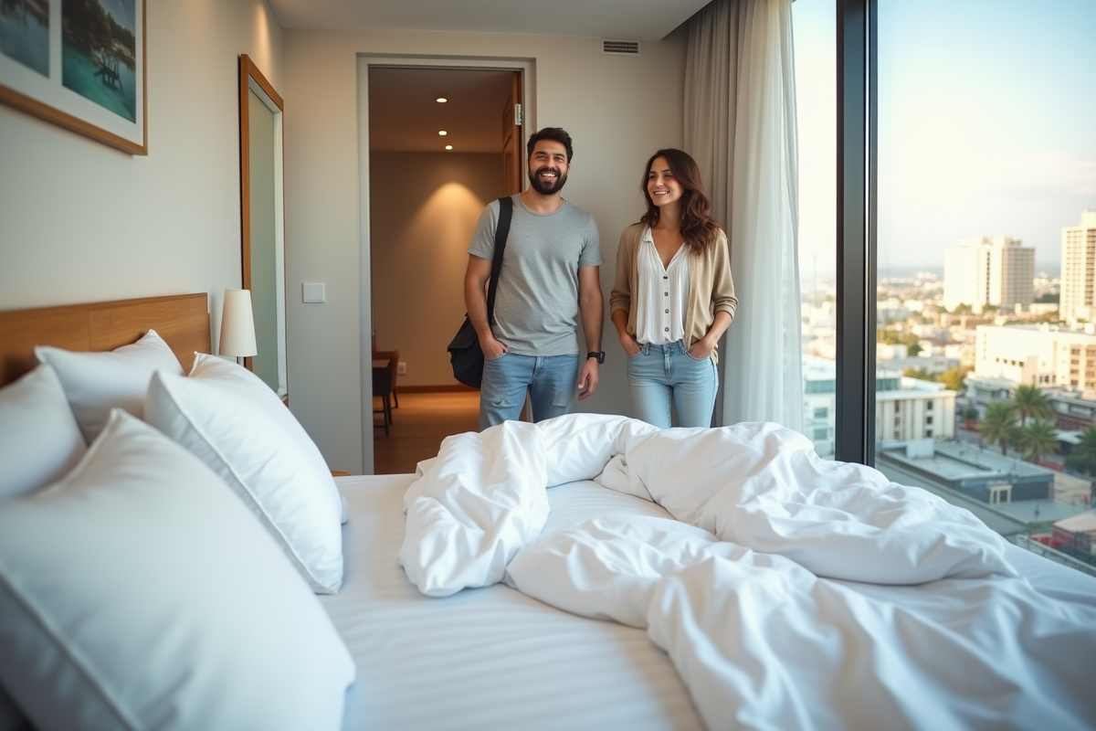 Jeune couple entrant dans une chambre d