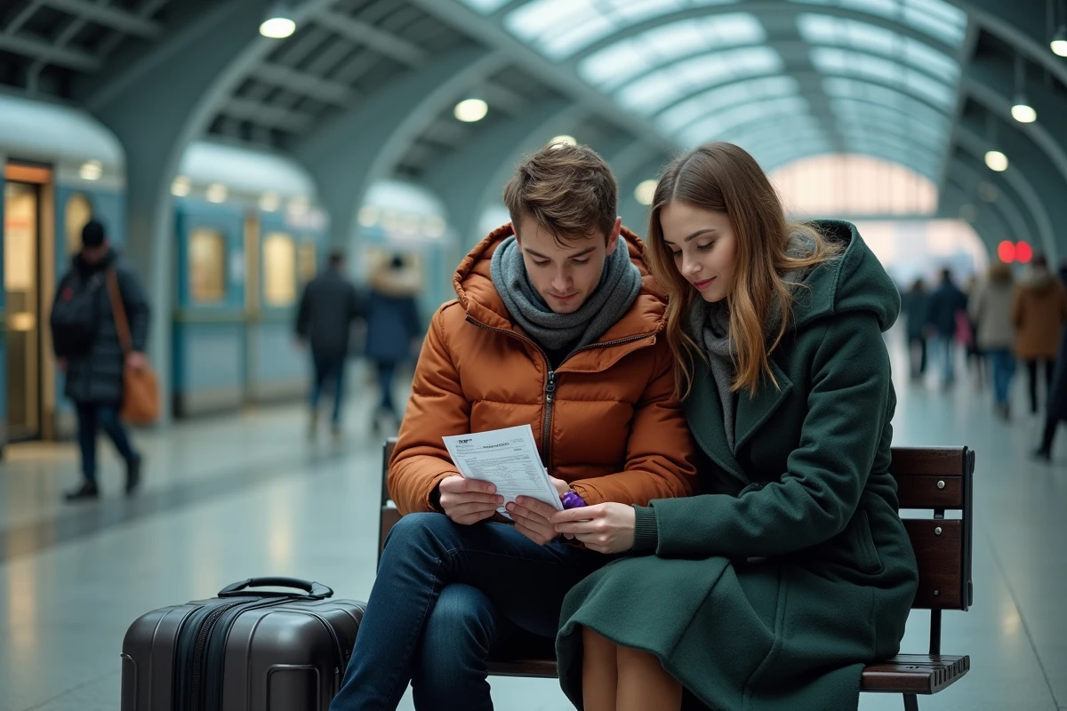 Couple de voyageurs arrivant à Turin avec des billets achetés grâce à une carte de réduction depuis Lyon