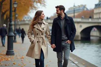 Couple se promenant main dans la main le long des quais de la Seine à Paris en automne, avec le Pont Alexandre III en arrière-plan