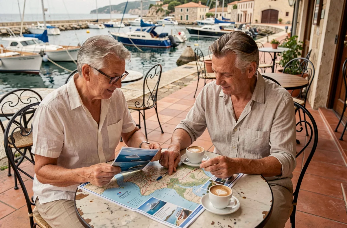 Couple comparant des brochures de croisière dans un café du port de Bastia