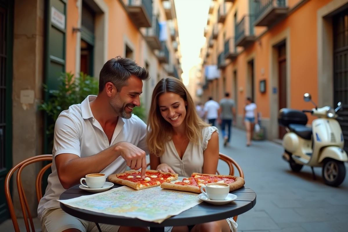 Couple de touristes planifiant leur visite de Naples autour d'une pizza et d'une carte dans un café du quartier historique Spaccanapoli
