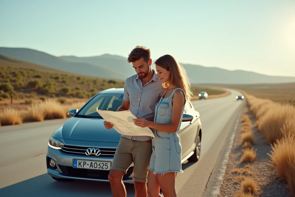 Jeune couple en été étudiant une carte routière