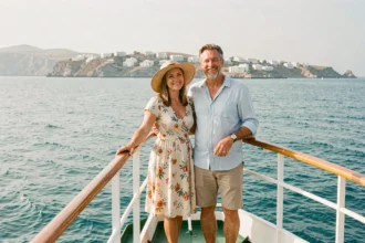 Couple profitant d'une croisière en Méditerranée à l'avant d'un paquebot avec vue sur la côte