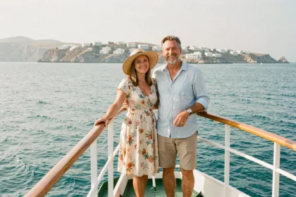 Couple profitant d'une croisière en Méditerranée à l'avant d'un paquebot avec vue sur la côte