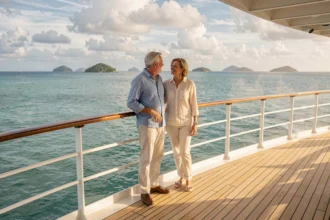 Couple élégant sur le pont avant d'un navire de croisière tour du monde avec vue sur l'océan tropical