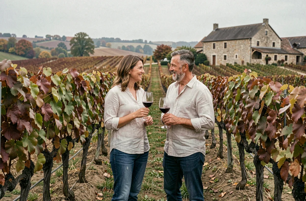 Couple dégustant du vin en compagnie d'un vigneron au milieu des vignes de la Route des Vins de Bourgogne
