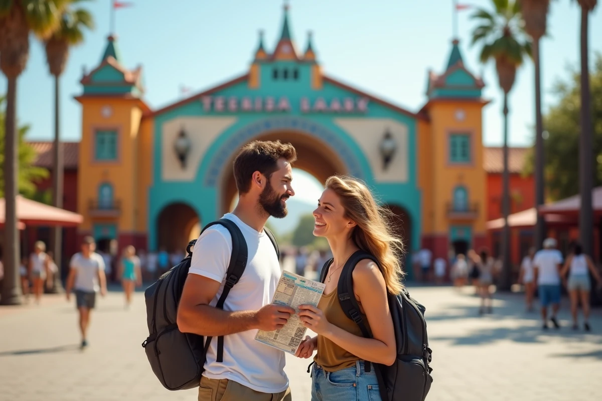 Couple de touristes arrivant à l'entrée d'un parc d'attractions en Espagne avec billets en main, après un voyage en train depuis la France