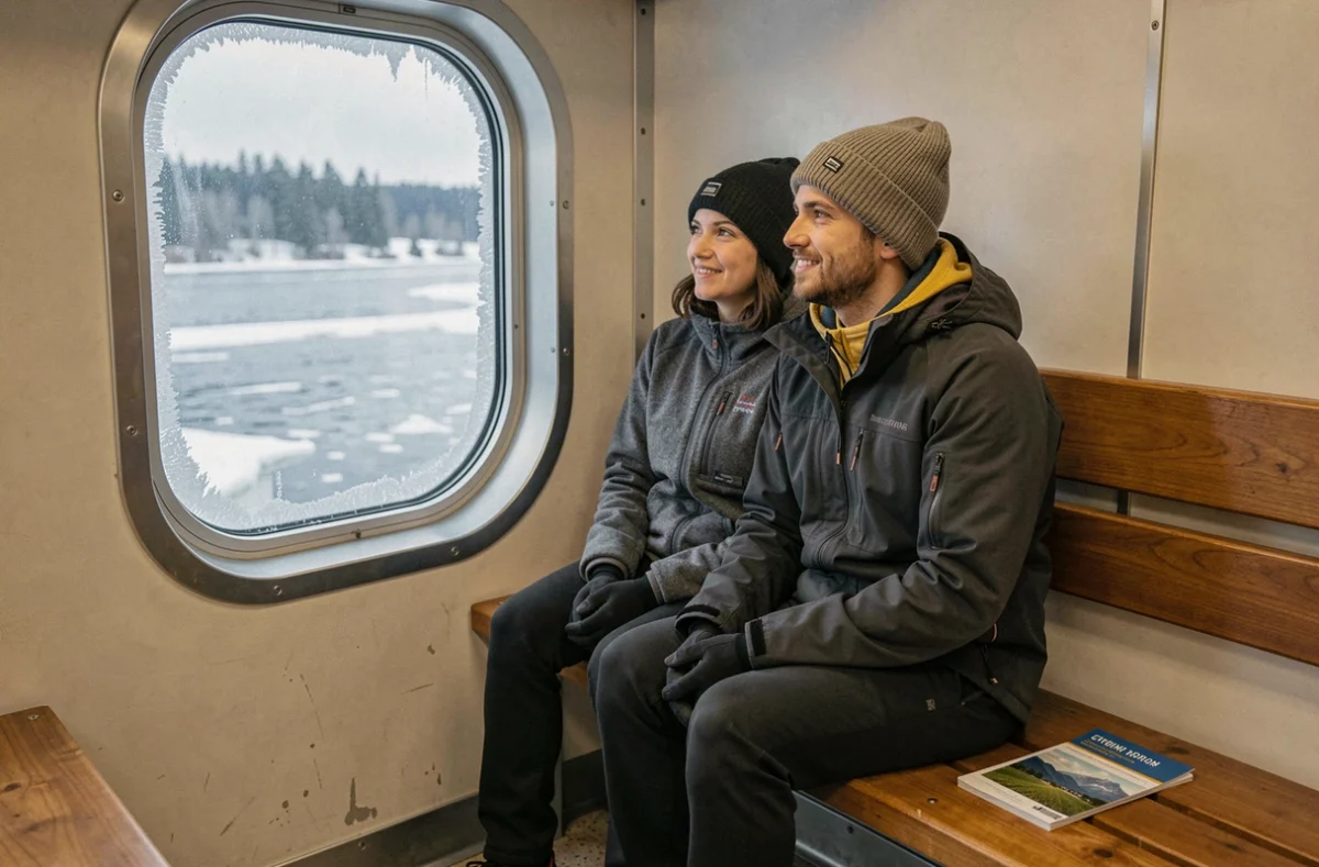 Couple de voyageurs traversant la rivière Tornio en ferry entre la Finlande et la Suède en hiver