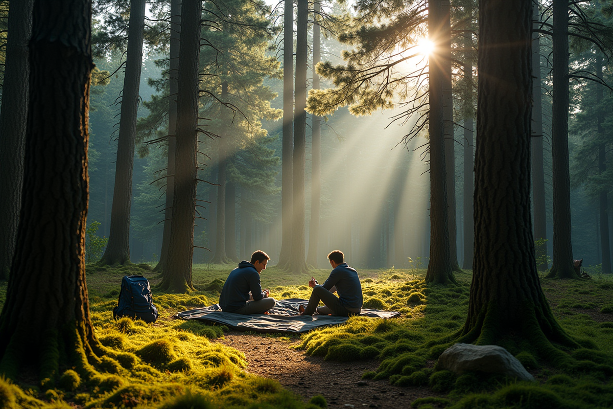 Couple choisissant un emplacement dans la forêt de pins