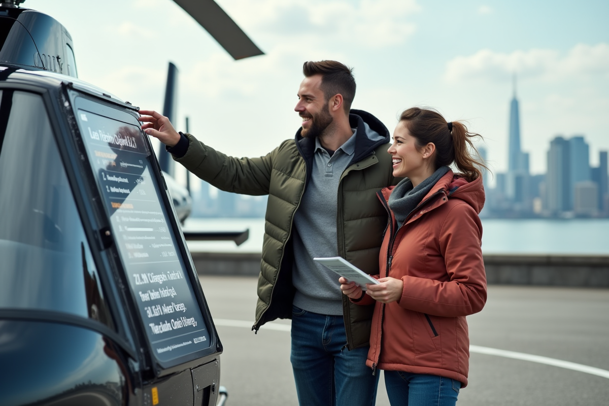 Couple souriant près d’un hélicoptère en ville