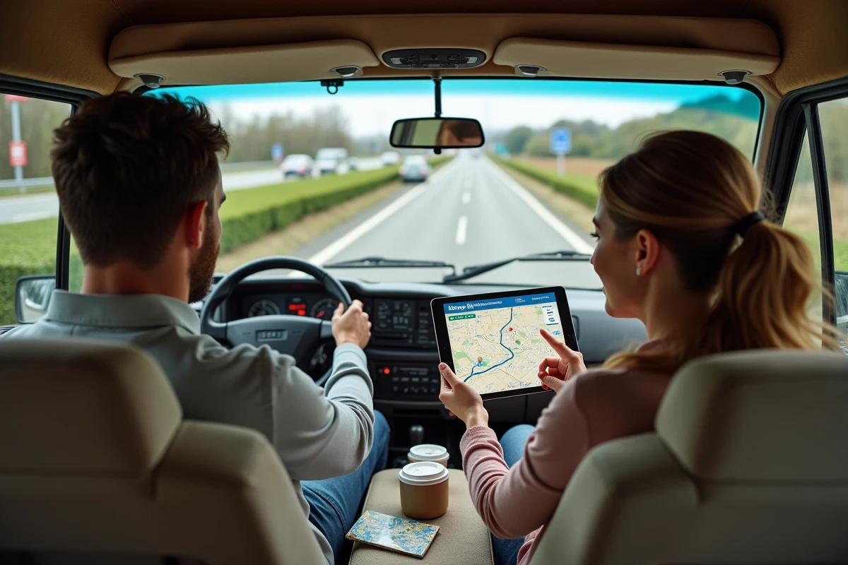 Couple planifiant leur itinéraire road trip en France sur une tablette avec l'application Mappy dans un van