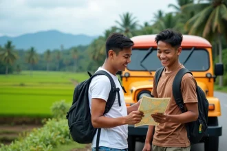 Jeune couple philippin souriant avec jeepney dans la campagne