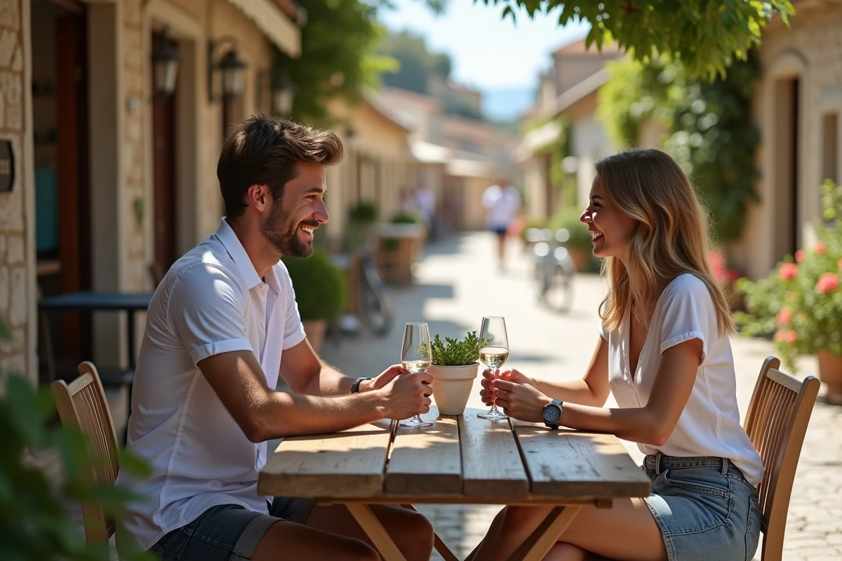 Jeune couple dégustant des huitres en terrasse