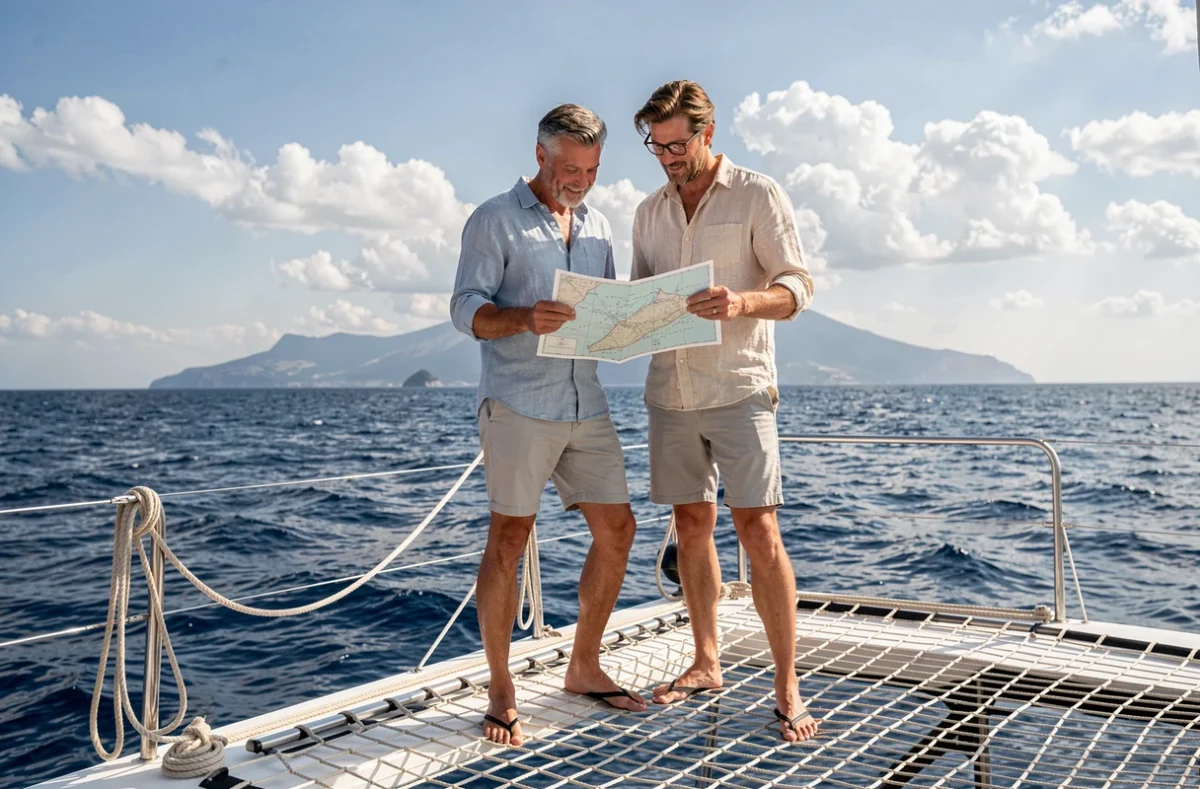Couple consultant une carte nautique sur le filet avant d'un catamaran en navigation vers la Corse
