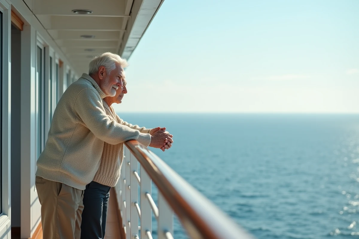 Couple senior profitant de la vue sur la mer depuis le balcon du navire