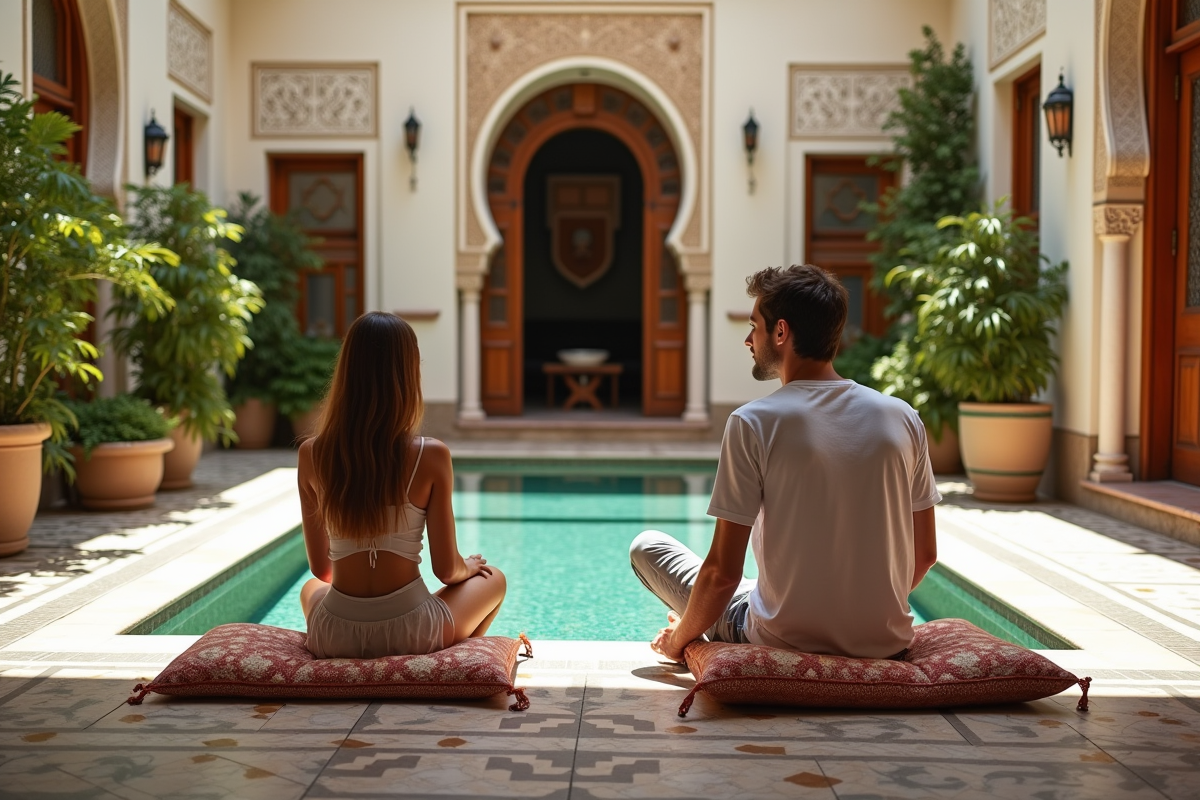 Jeune couple relaxant au bord de la piscine dans un riad