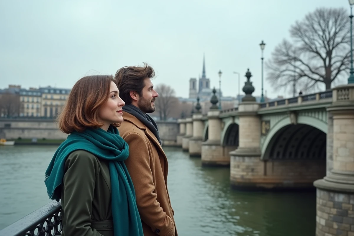 Couple regardant l'horizon depuis le Pont des Arts à Paris en hiver, avec la Seine et les toits parisiens en arrière-plan