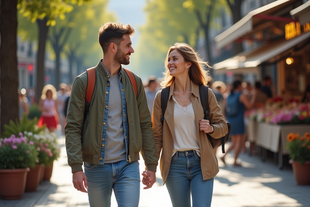 Jeune couple marchant main dans la main sur la Rambla à Barcelone