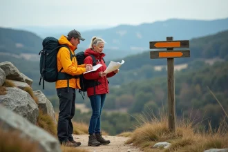 Couple en randonnée près du panneau à Pointe du Salaison