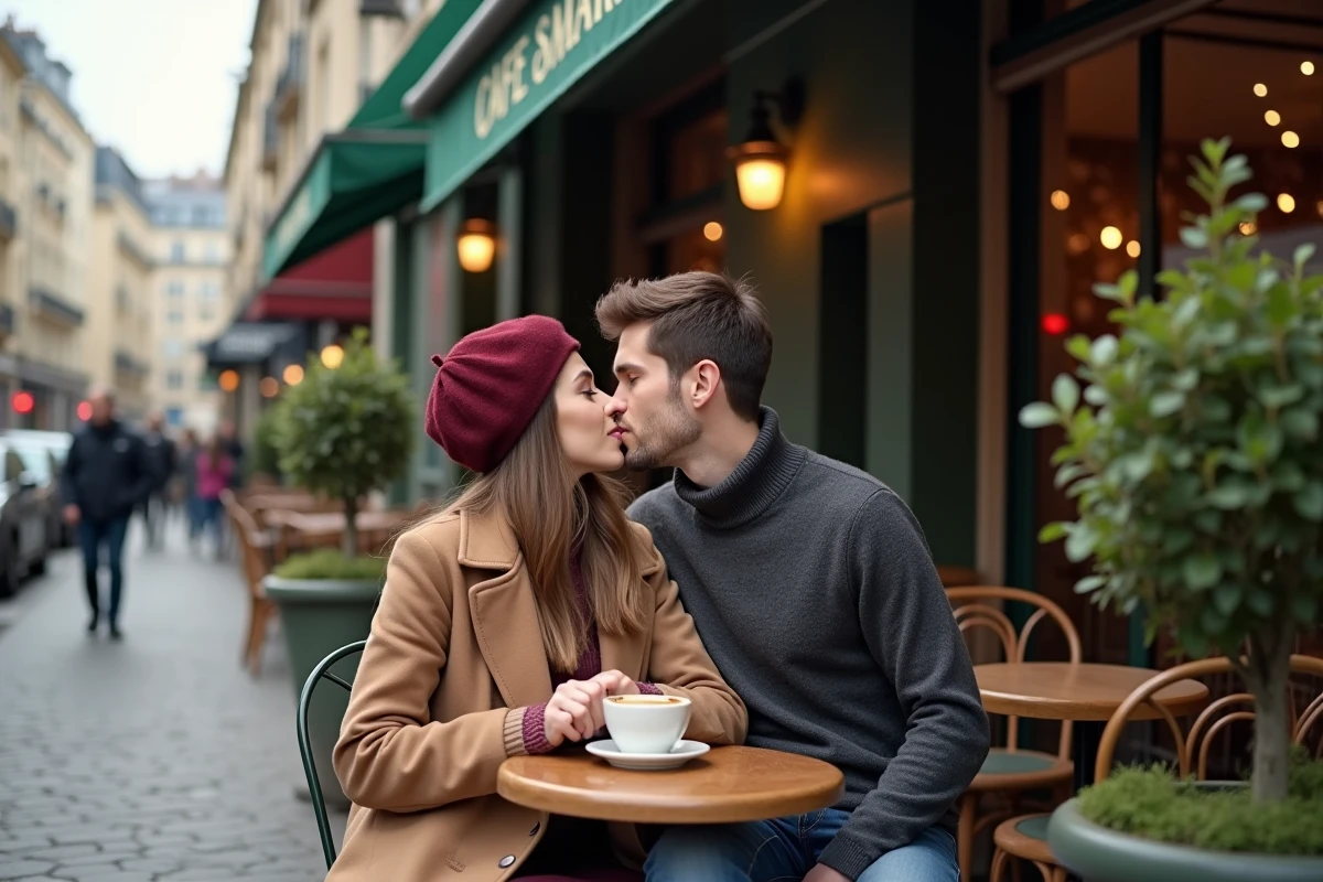 Couple s'embrassant devant une terrasse de café typique à Montmartre, avec des pavés et une atmosphère parisienne authentique