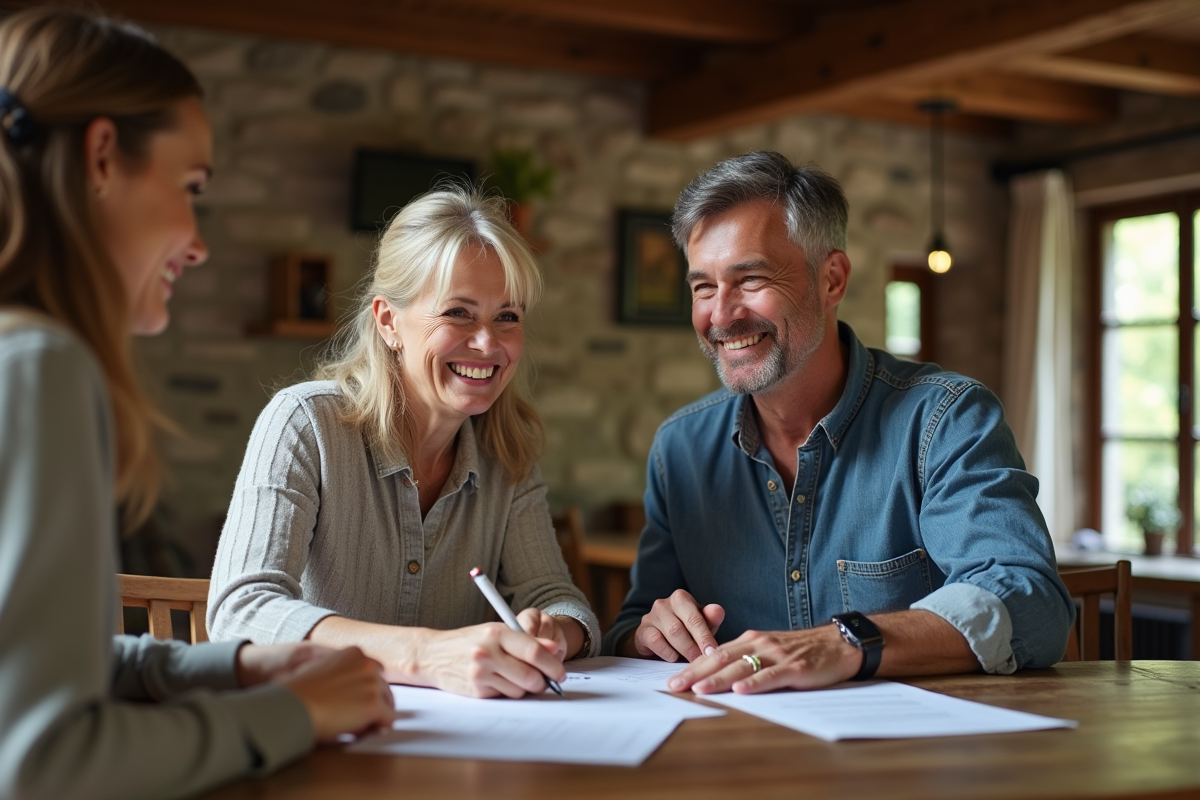 Couple souriant signant un papier dans une maison de vacances