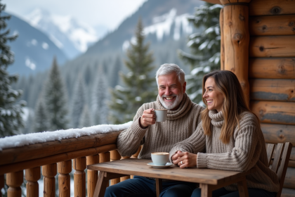 Couple souriant en pulls dans un chalet alpin enneige