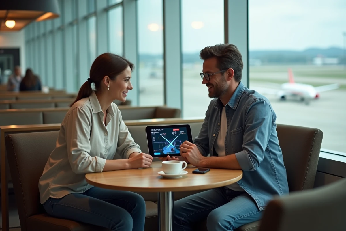 Couple dans un salon d'aéroport consultant une carte de suivi de vols en direct sur tablette