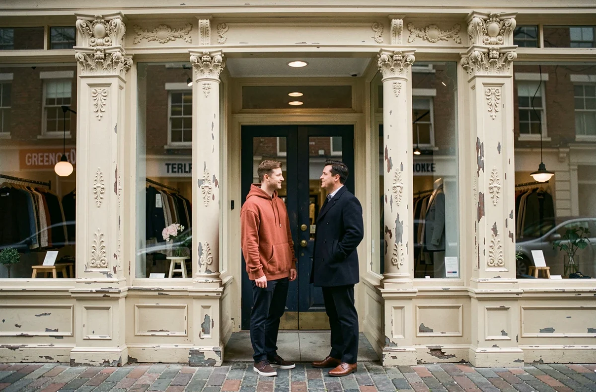 Couple s'arrêtant devant une vitrine sur Greene Street dans le quartier de SoHo à New York
