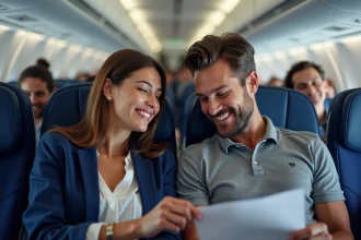 Couple de voyageurs francophones souriants à bord d'un vol Delta Air Lines, consultant leurs documents de voyage en cabine économique