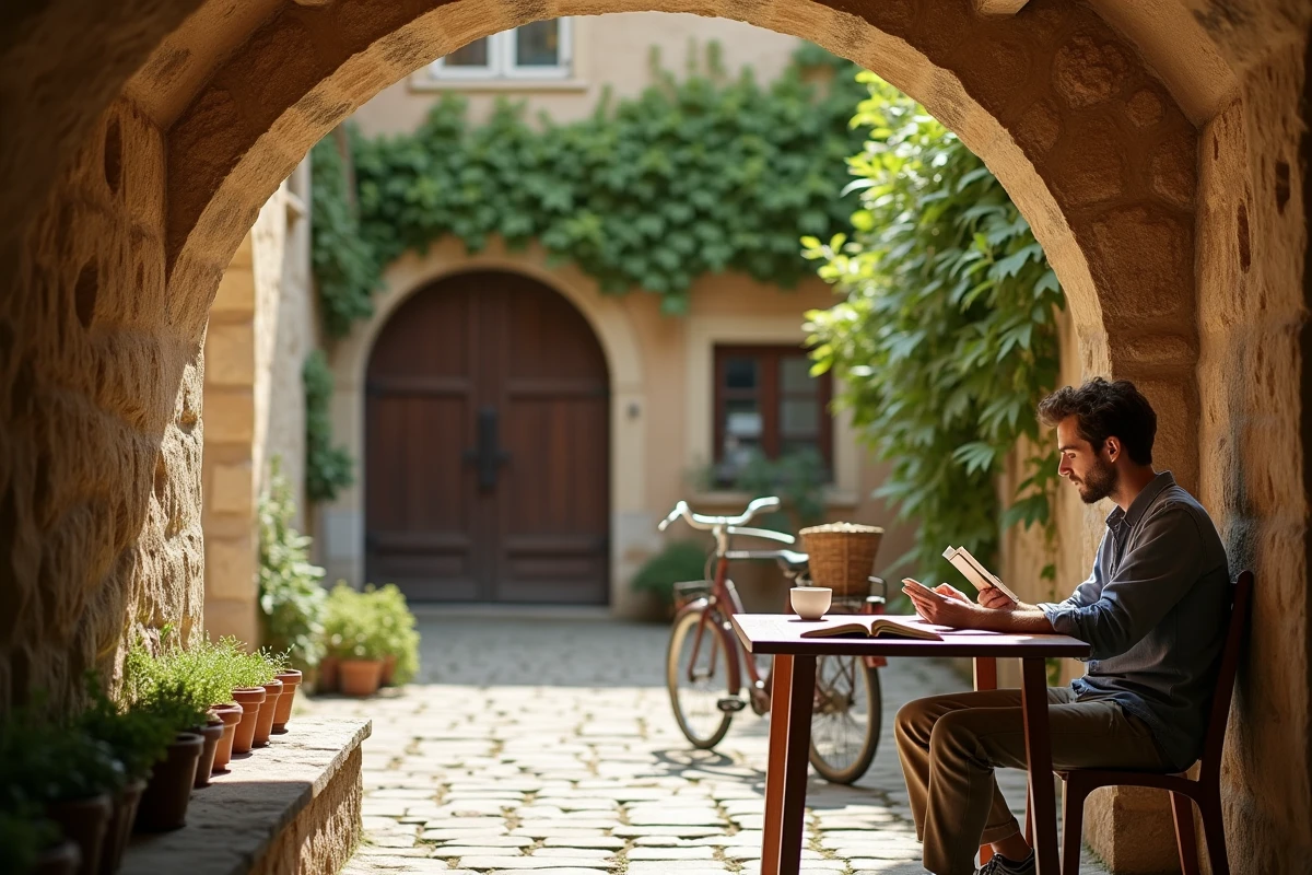 Cour intérieure d'une ancienne maison de marchand à Speyer avec un homme lisant dans une atmosphère authentique et locale