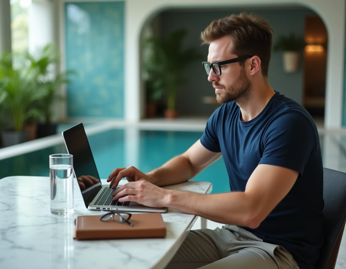Homme en télétravail dans un espace de coworking d'hôtel parisien avec piscine intérieure visible en arrière-plan